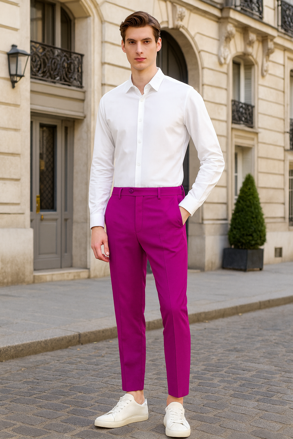 Mens Fuchsia Dress Pants  Slim Fit Stylish Formal Trousers for Parties in Hot Pink Color