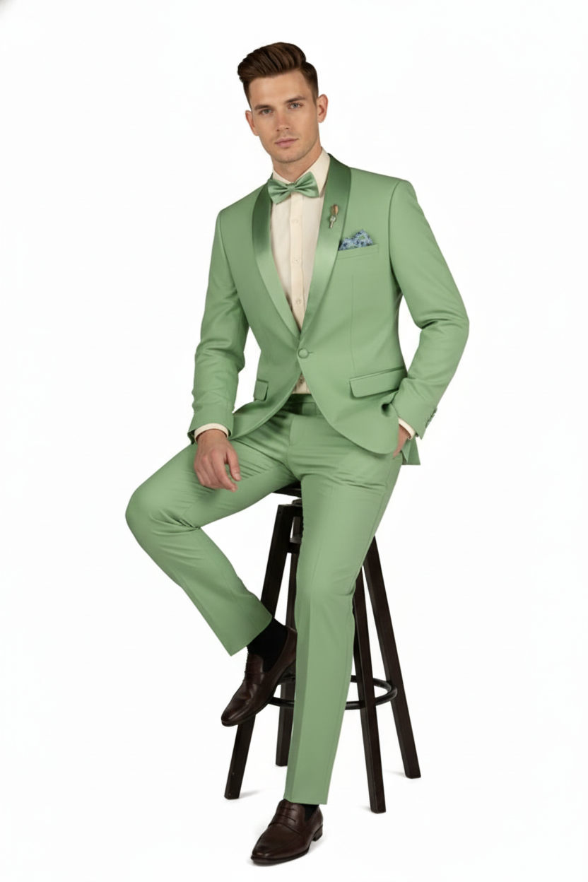Mens Mint Green Tuxedo  2-Piece Formal Suit with Satin Shawl Lapel and Matching Bow Tie in  Sage Green