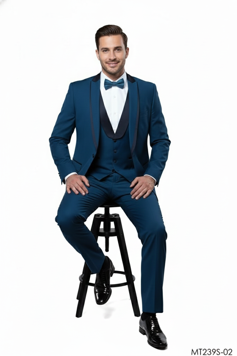 Mens Teal Blue Tuxedo  3-Piece Formal Suit with Satin Shawl Lapel, Vest, and Pants in Saphire Cobalt Blue Color