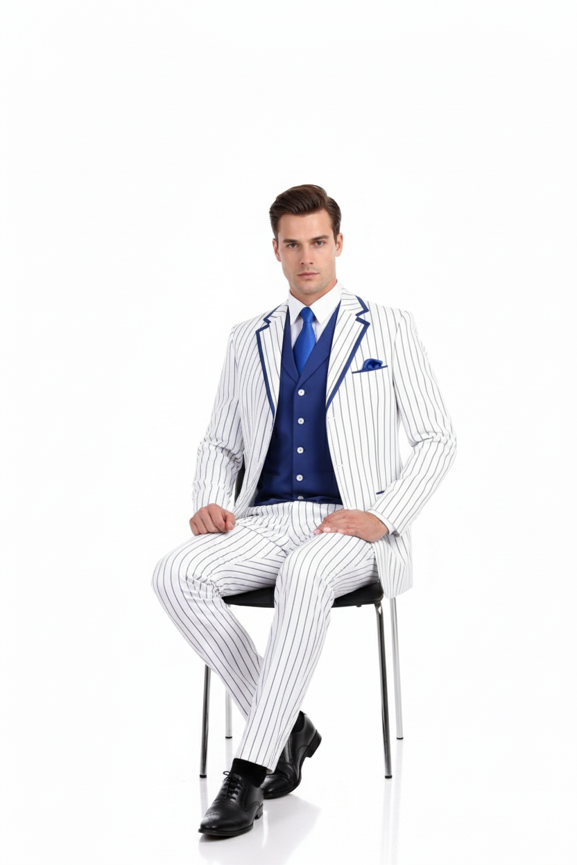 Mens White and Royal Blue Pinstripe 3-Piece Suit  Classic Fit Blazer with Vest, Pants, and Tie