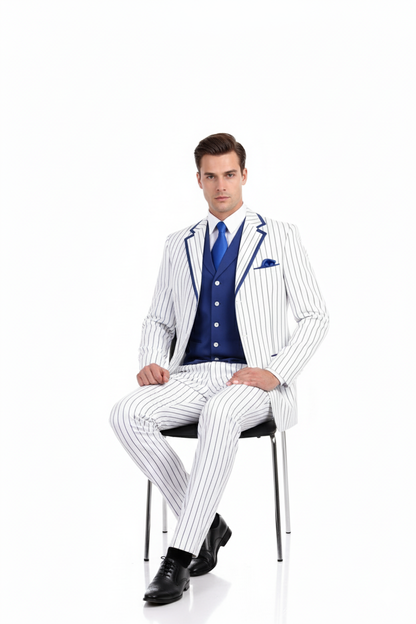 Mens White and Royal Blue Pinstripe 3-Piece Suit  Classic Fit Blazer with Vest, Pants, and Tie