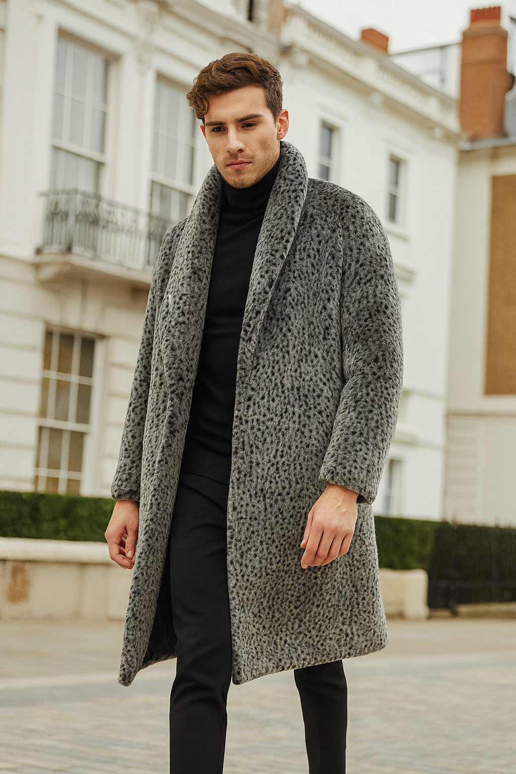Mens Luxury Long Grey Faux Fur Coat  Winter Overcoat with Animal Print Design