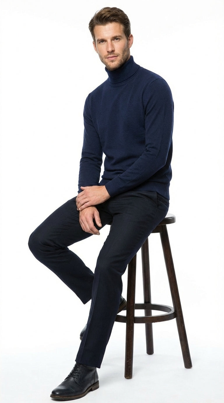 Men’s Navy Blue Turtleneck Sweater Pullover | Cotton Blend Long Sleeve Knit Top for Casual & Smart Wear
