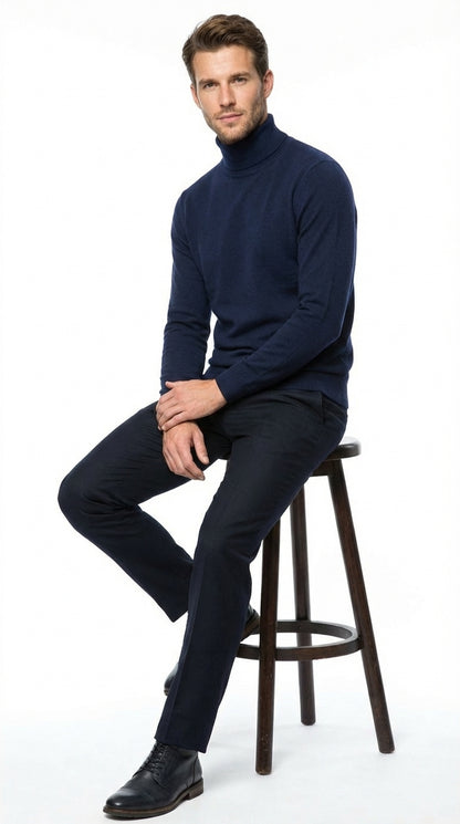 Men’s Navy Blue Turtleneck Sweater Pullover | Cotton Blend Long Sleeve Knit Top for Casual & Smart Wear