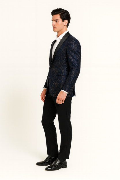Mens Navy Blue Sequin Tuxedo Jacket with Black Satin Shawl Lapel  Luxury Prom and Wedding Blazer