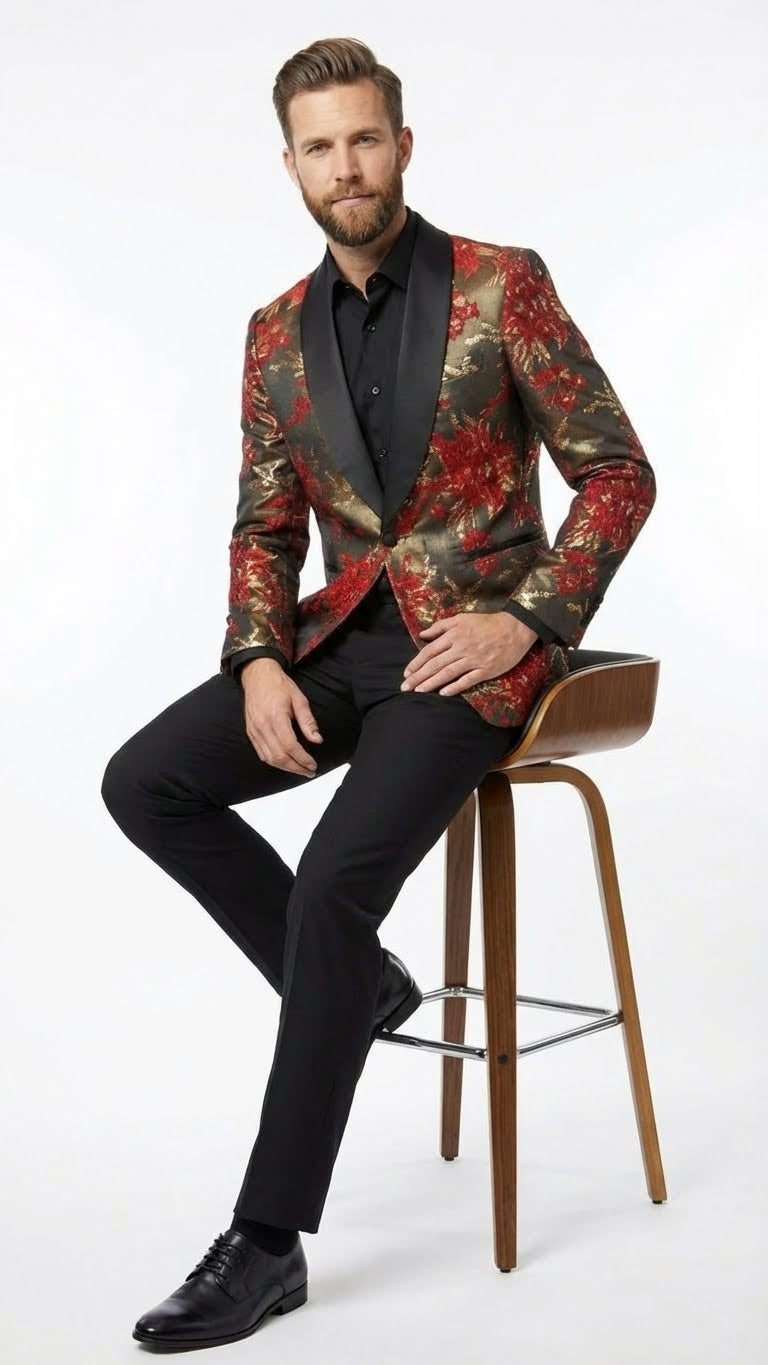 Mens Red and Gold Floral Pattern Paisley  Shawl Lapel | Luxury Evening and Party Wear Jacket Prom Christmas New Year Blazer
