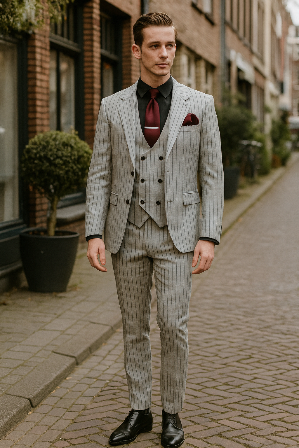 Mens 3-Piece Light Grey Pinstripe Suit with Vest  Classic Business, Wedding, and Formal Attire