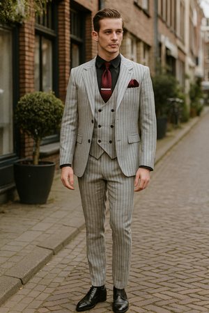 Mens 3-Piece Light Grey Pinstripe Suit with Vest  Classic Business, Wedding, and Formal Attire