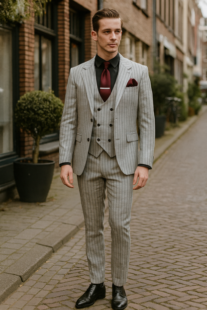 Mens 3-Piece Light Grey Pinstripe Suit with Vest  Classic Business, Wedding, and Formal Attire