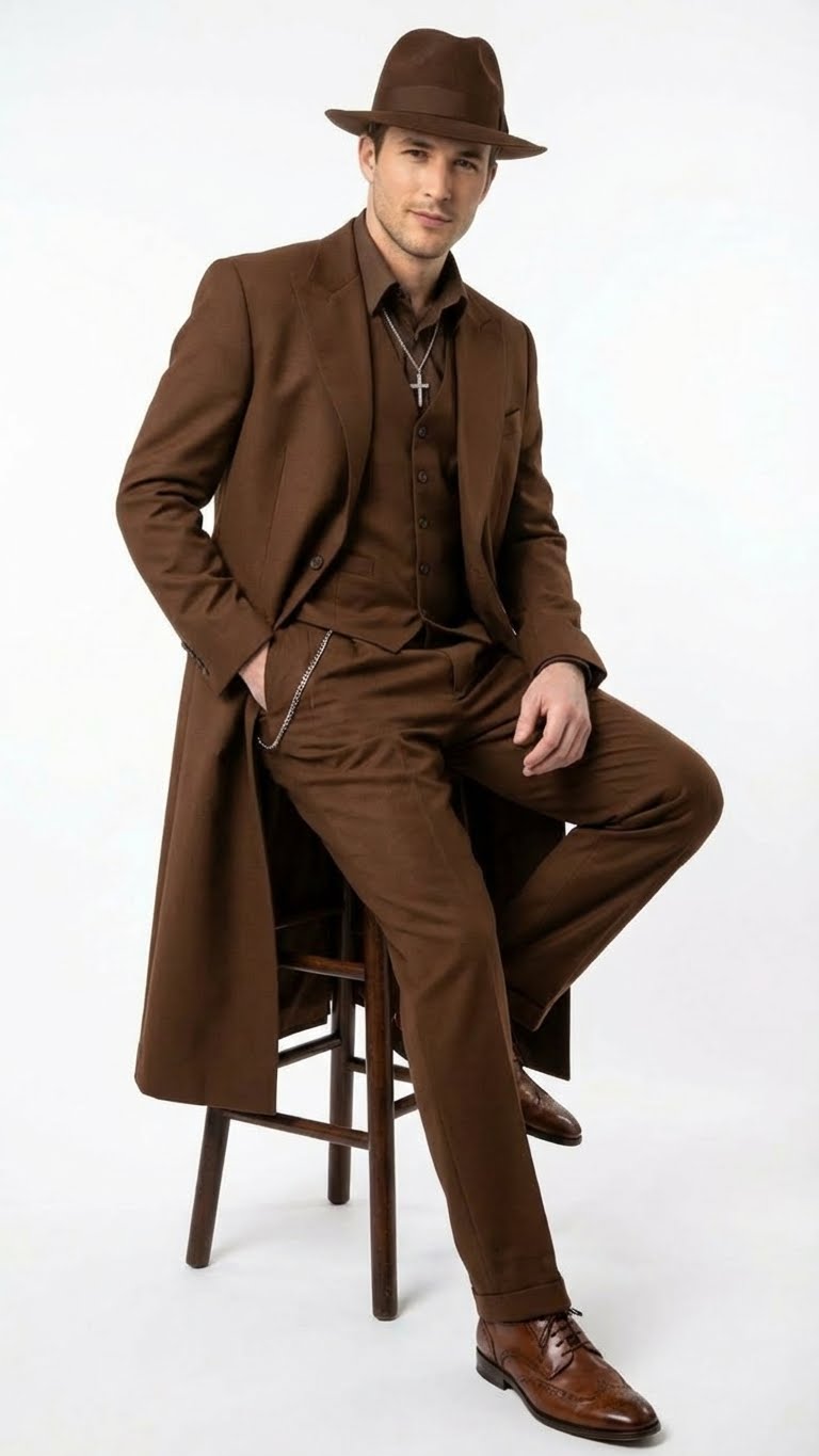 Mens Brown 1920s Zoot Suit  Long Gangster Mafia Suit Vintage Three-Piece Costume Set Pachuco Style