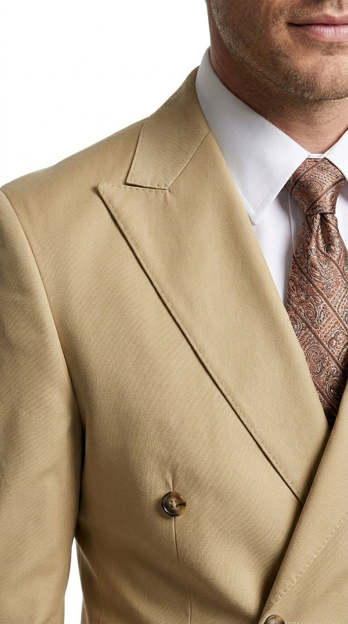 Mens Designer Modern Fit Double Breasted Designer Camel Gold Buttons Suit