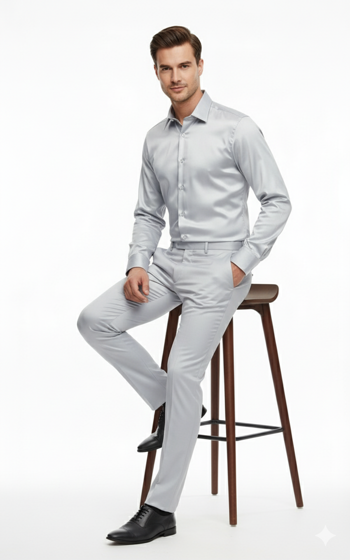 Mens Silver Satin Dress Shirt and Pants Set  Luxury Slim Fit Outfit for Parties, Weddings, and Formal Events