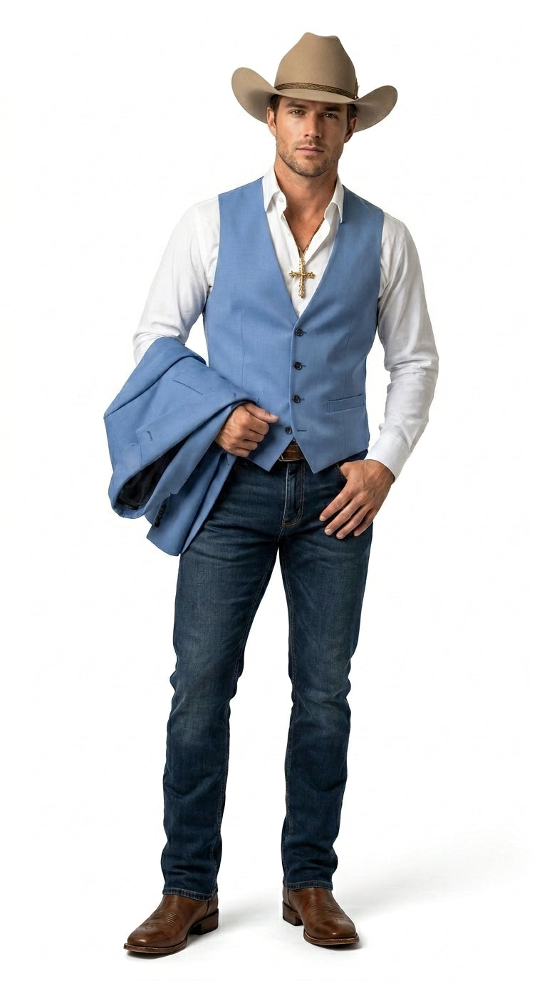 Men’s Sky Blue 3 Piece Suit Set with Blazer, Vest and Pants, Western Wedding Dress Suit