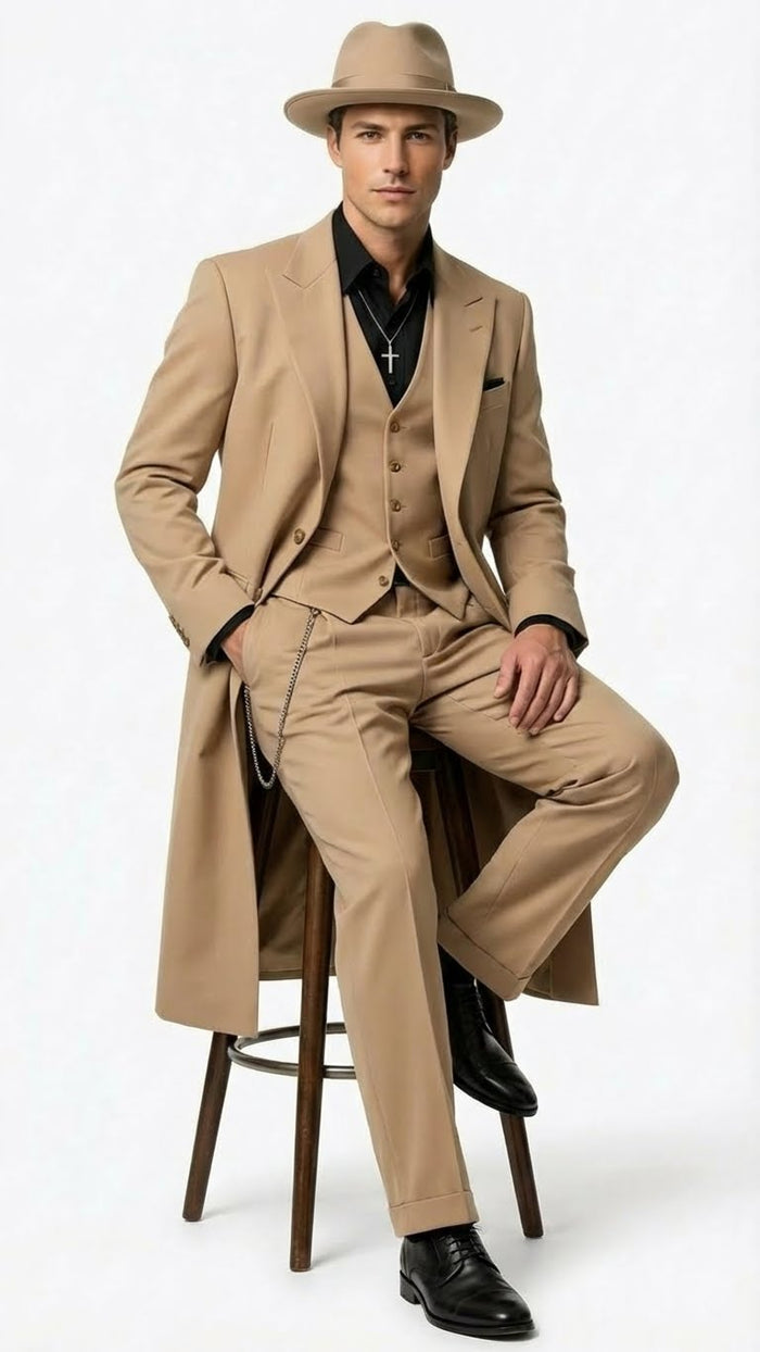 Mens 1920s Beige Zoot Suit  Long Mafia Gangster Three-Piece Suit in Tan Khaki Color 40 inch Zuit Pachuco Suit