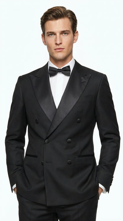 Men’s Black Double Breasted Tuxedo Jacket with Satin Peak Lapel, Formal Wedding Dinner Blazer