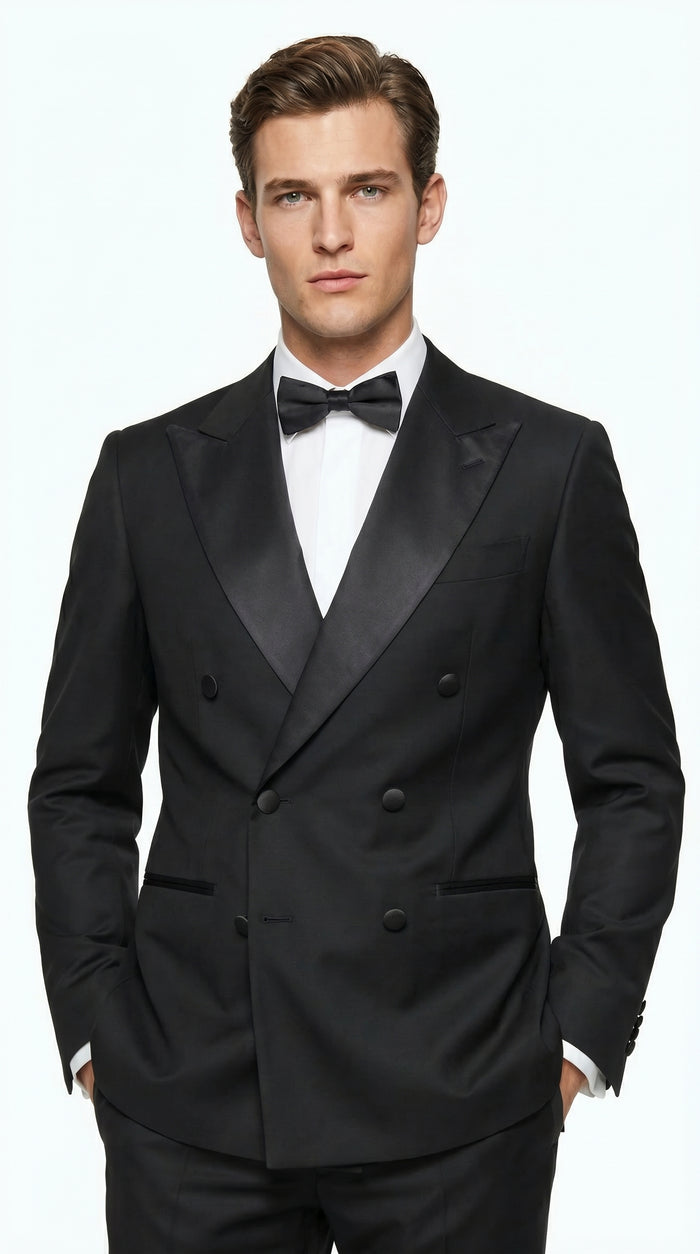 Men’s Black Double Breasted Tuxedo Jacket with Satin Peak Lapel, Formal Wedding Dinner Blazer