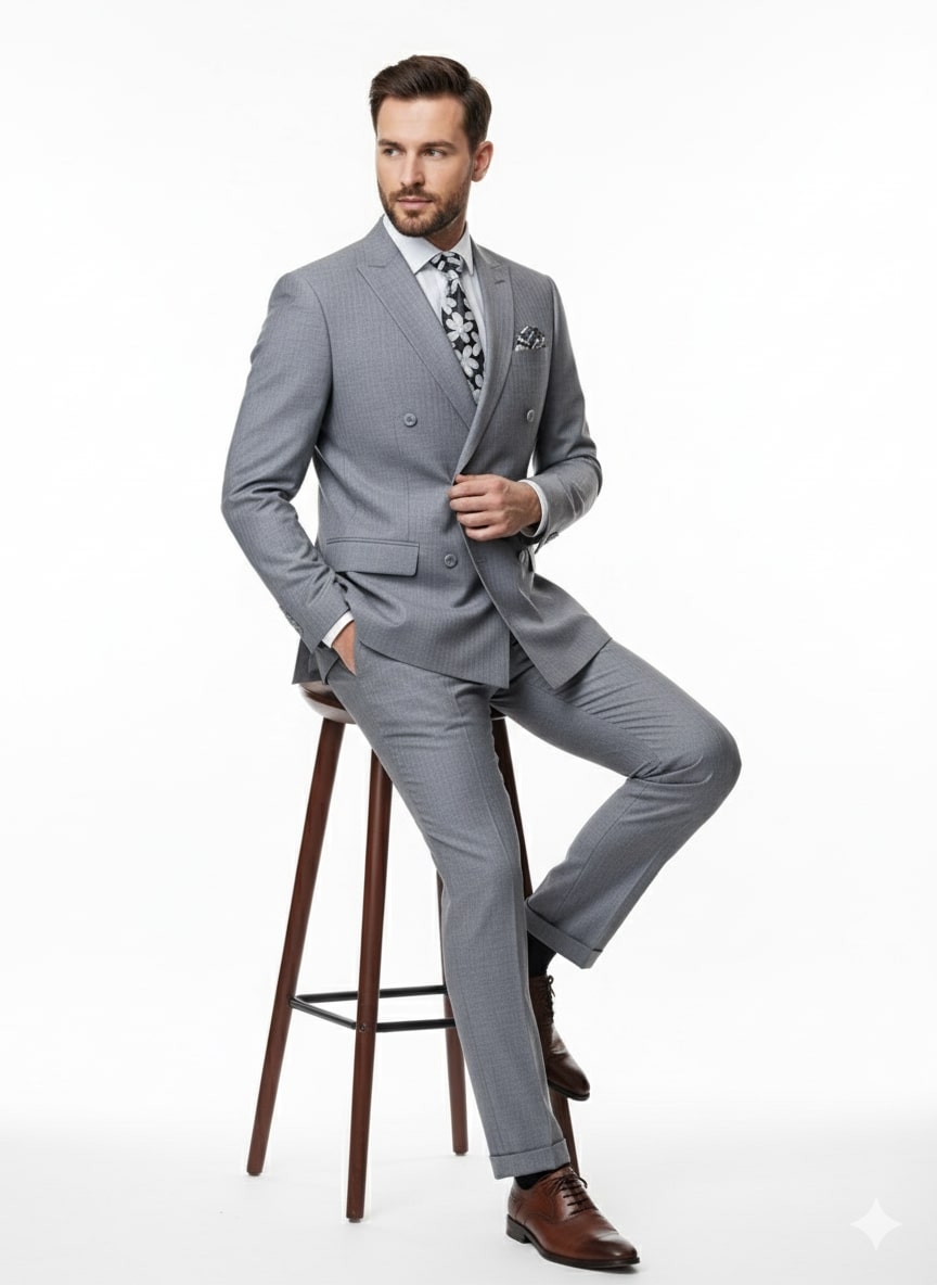 Mens Grey Tone on Tone Double-Breasted Suit  Classic Slim Fit 2 Piece Formal Business Gray Shadow Stripe