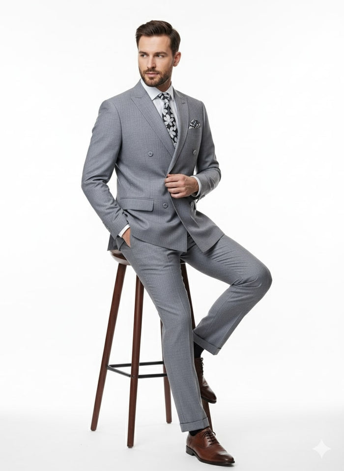 Mens Grey Tone on Tone Double-Breasted Suit  Classic Slim Fit 2 Piece Formal Business Gray Shadow Stripe