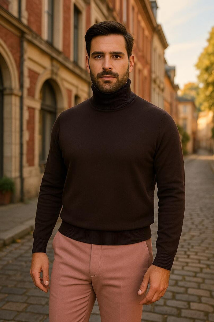 Men's Brown Turtleneck Sweater  Classic Slim Fit Knit Pullover for Fall and Winter