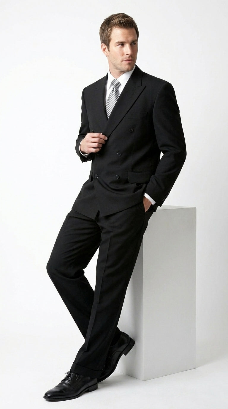 Brand New Solid Black Double Breasted Suit 100% Wool Fabric Super 150s Wide Suits Side Vent (pleated or Flat Front Pants)