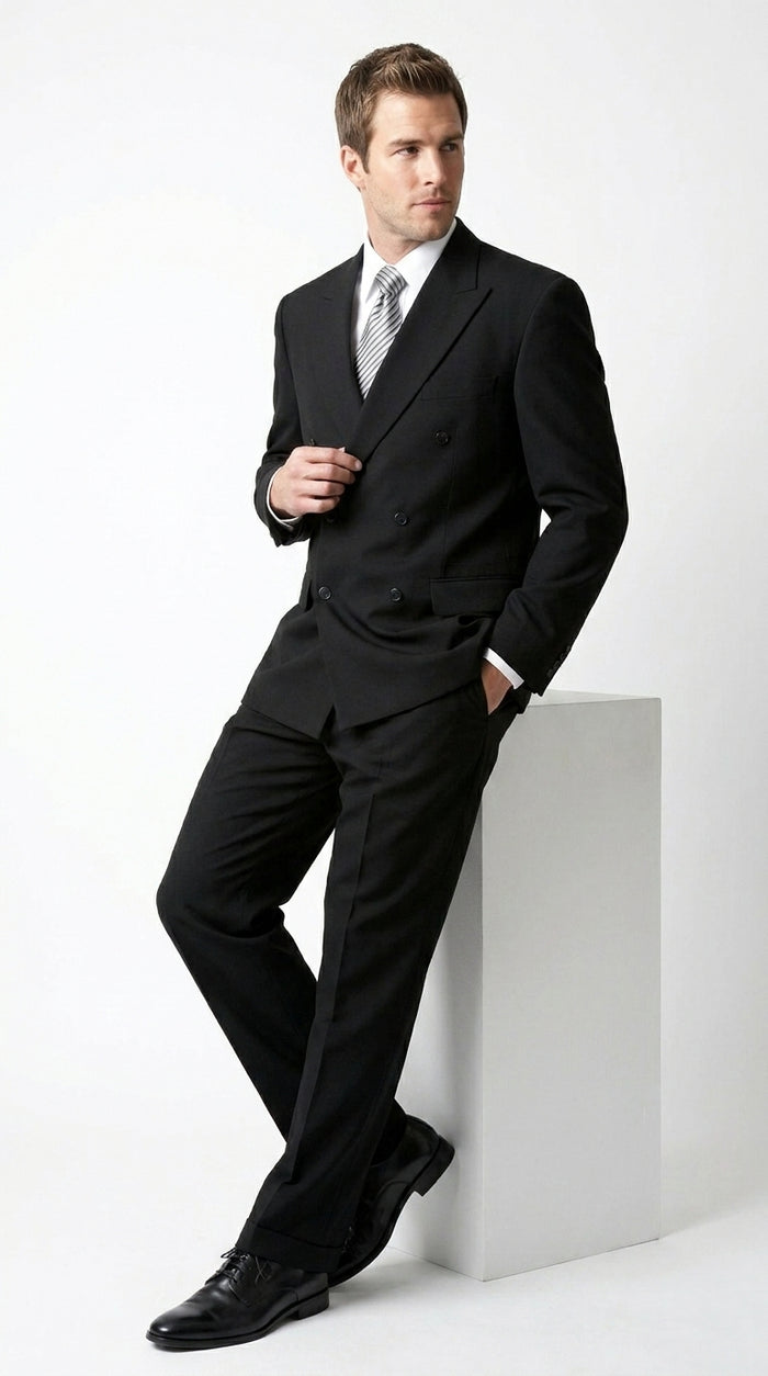 Brand New Solid Black Double Breasted Suit 100% Wool Fabric Super 150s Wide Suits Side Vent (pleated or Flat Front Pants)