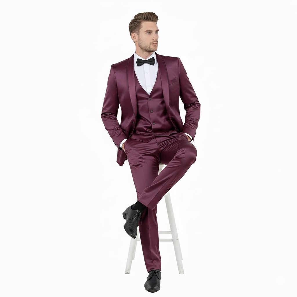Mens Sateen Shiny Burgundy Slim Fit Tuxedo  Satin Shawl Lapel 3-Piece Suit