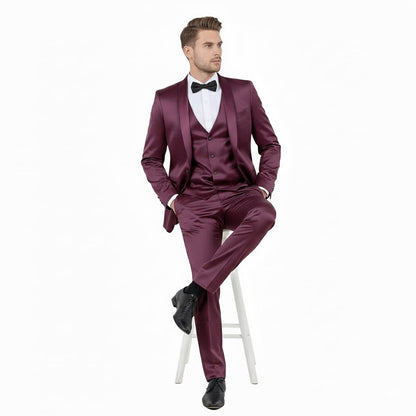 Mens Sateen Shiny Burgundy Slim Fit Tuxedo  Satin Shawl Lapel 3-Piece Suit