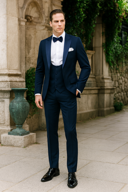 Mens Navy Blue Tuxedo with Satin Peak Lapel with navy sateen   3 Piece Formal Suit with Vest and Bow Tie