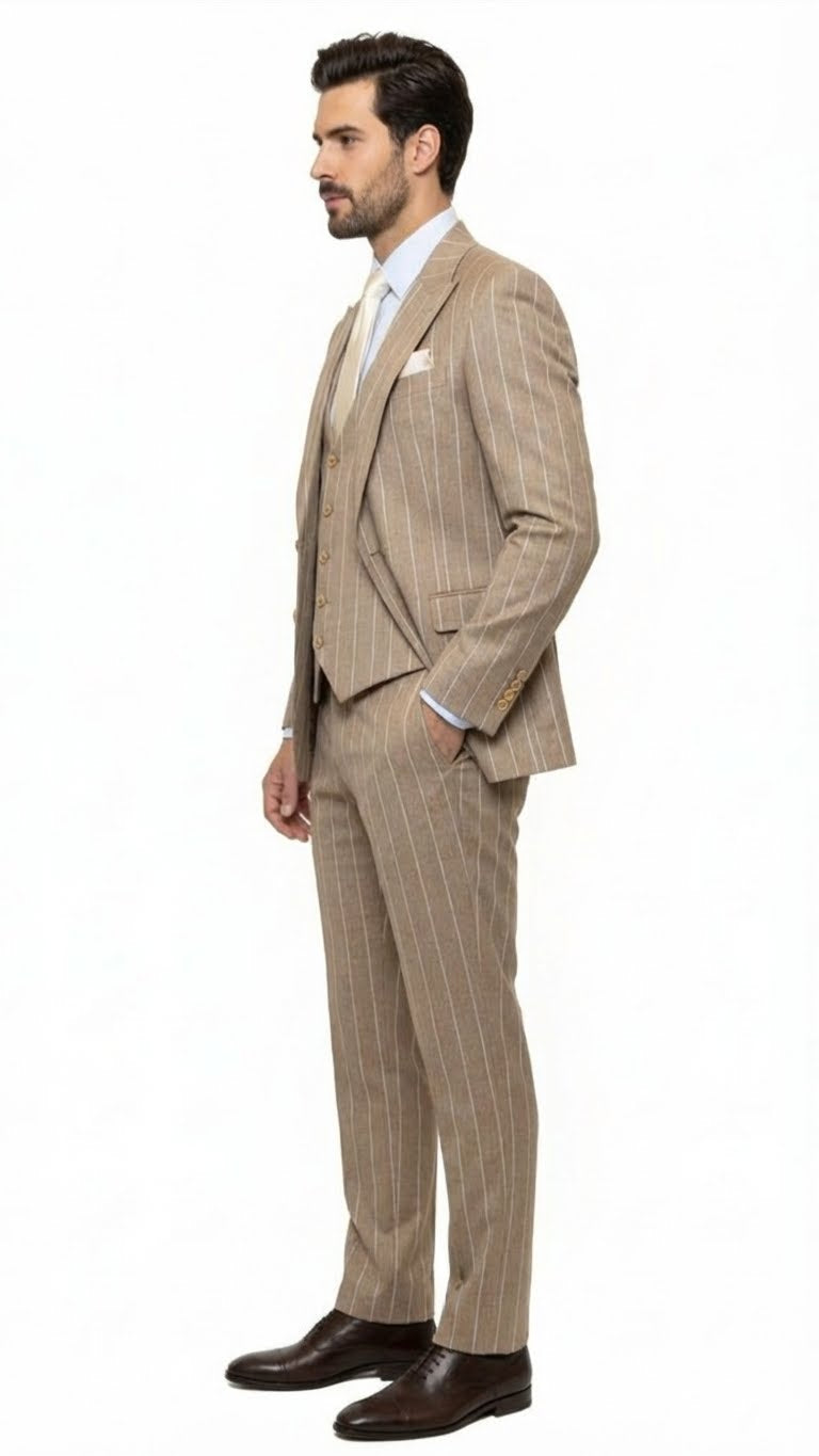 Men's Beige Pinstripe Three-Piece Vested Suit  Tailored Fit  Business Attire in Tan Stripe by Rossiman