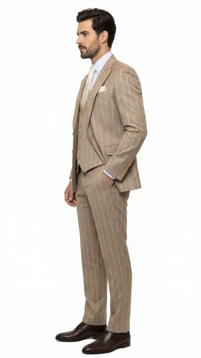 Men's Beige Pinstripe Three-Piece Vested Suit  Tailored Fit  Business Attire in Tan Stripe by Rossiman