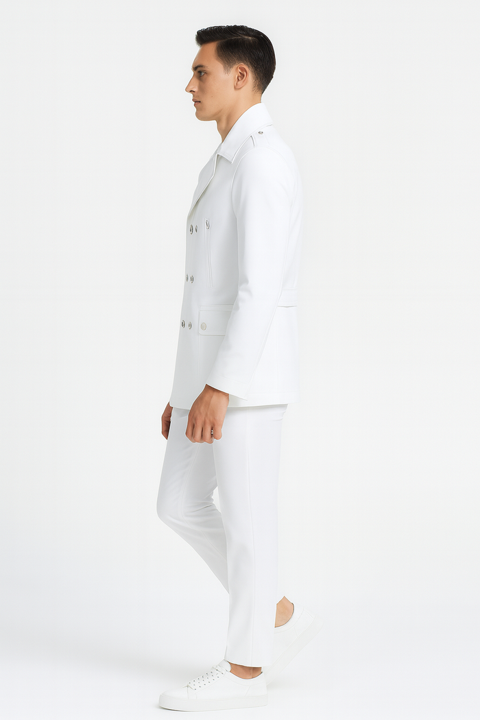 Men's White Double-Breasted Peacoat Jacket - Classic Stylish Outerwear Wool Fabric Slim Fitted