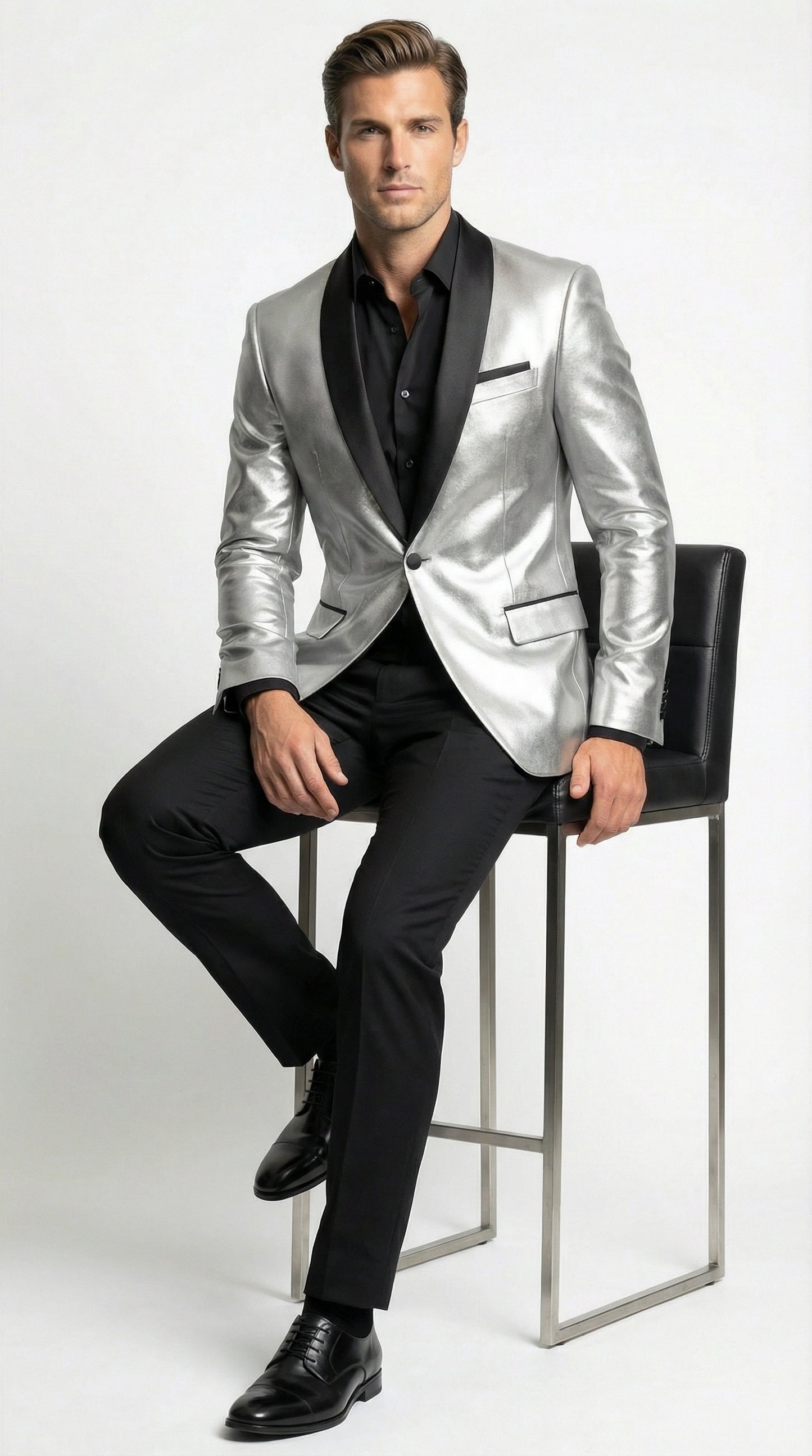 Men’s Shiny Silver Blazer with Black Lapel – Luxury Metallic Formal Jacket for Party, Evening and Special Events