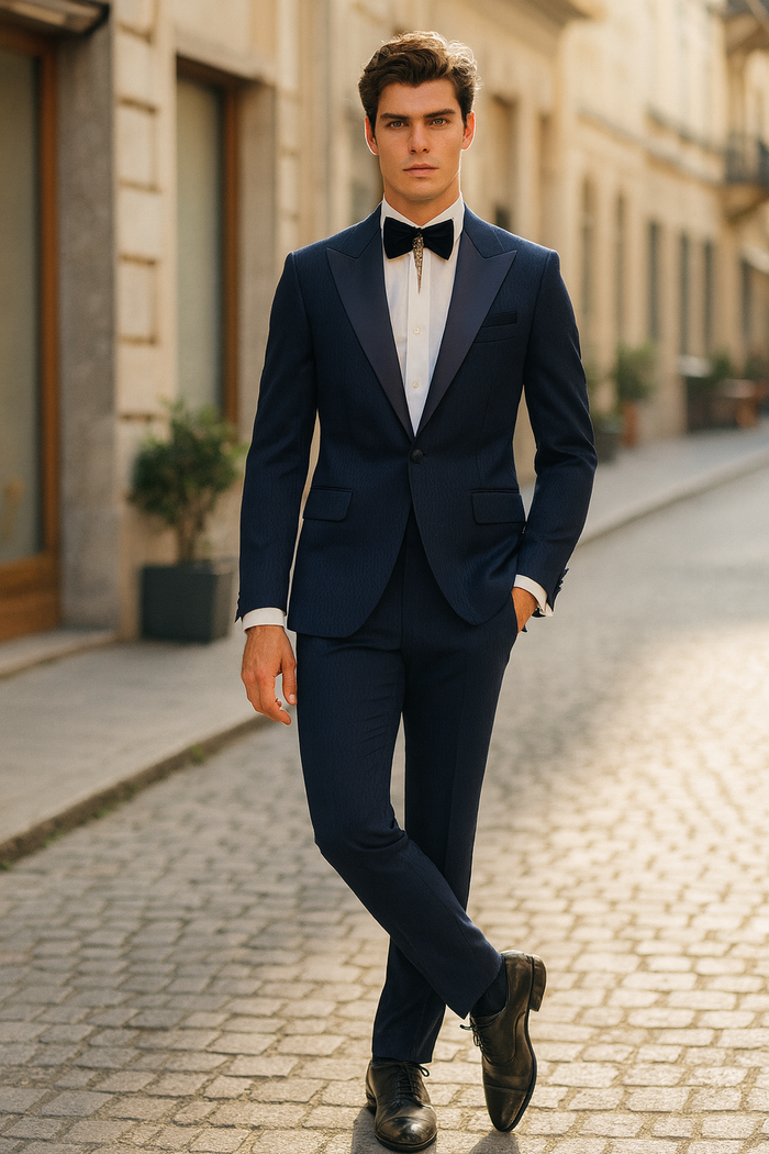 Mens Navy Blue  Tuxedo with Satin Peak Lapel With Matching Color Lapel Sateen  Formal 2 Piece Suit
