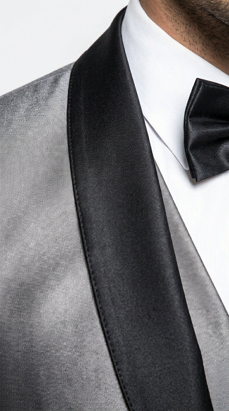 Men’s Silver Grey Sharkskin Vested Tuxedo with 1 Button Jacket, Shawl Lapel and Matching Pants