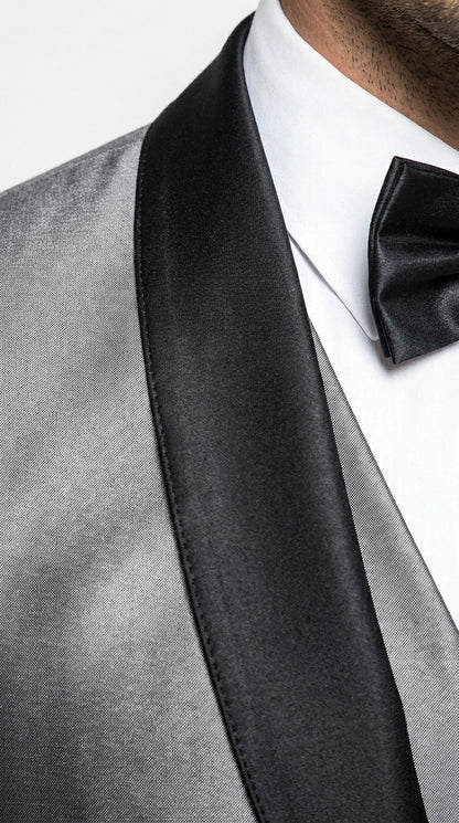 Men’s Silver Grey Sharkskin Vested Tuxedo with 1 Button Jacket, Shawl Lapel and Matching Pants