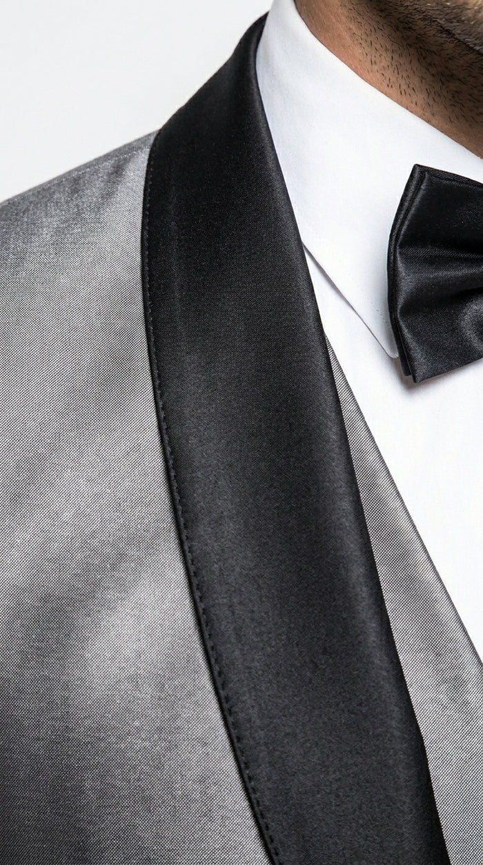 Men’s Silver Grey Sharkskin Vested Tuxedo with 1 Button Jacket, Shawl Lapel and Matching Pants