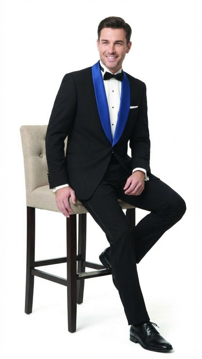 Mens Black Tuxedo with Royal Blue Shawl Lapel | Modern Formal Dinner Jacket Suit  Pants for Weddings, Proms