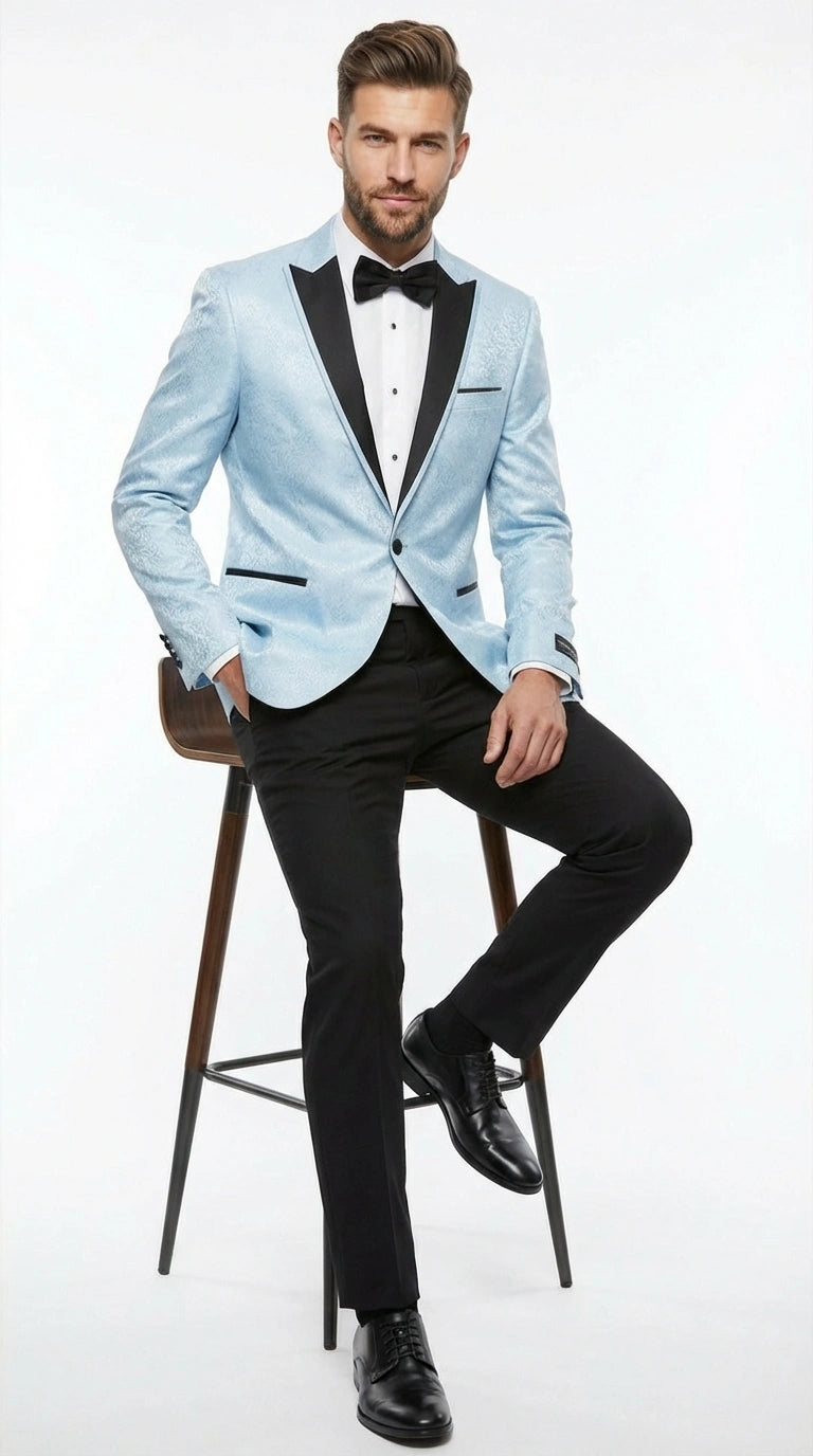 Men’s Baby Blue Tuxedo Blazer with Black Lapel – Formal Dinner Jacket for Wedding, Prom and Evening Events  in Sky Light Blue Color