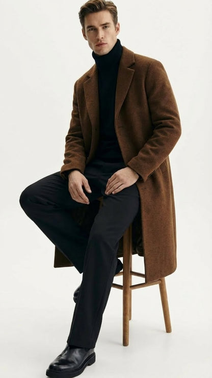 Mens Brown Long Wool Overcoat  Topcoat Wool Carcoat Three Quarter