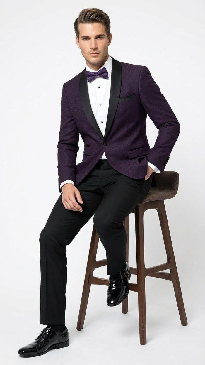 Men's Eggplant Plum Purple Tuxedo Blazer with Satin Lapel, White Tuxedo Shirt and Matching Purple Bow Tie - Slim Fitted - Prom wedding Suit With Pants