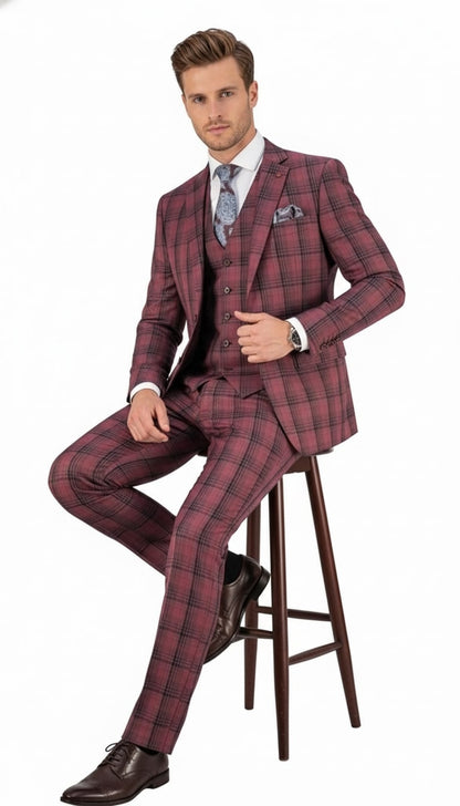 Mens Red Burgundy Plaid 3-Piece Suit  Classic Checkered Modern Fit Suit for Weddings, Church and Formal Events