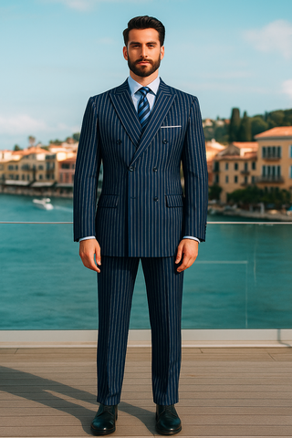 Men’s Royal Blue Pinstripe Double-Breasted Suit – 6-Button Classic Vintage Gangster Style in Indigo Cobalt Blue Pinstripe Color