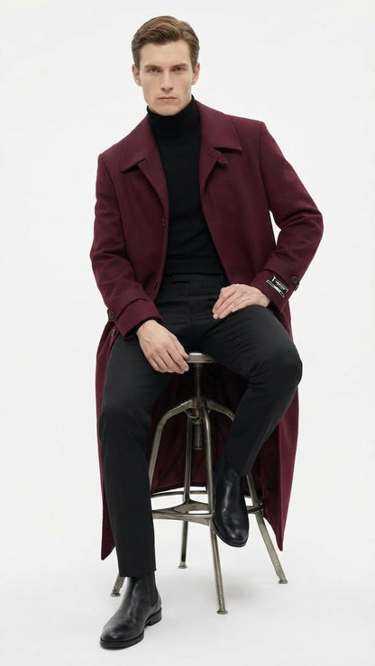Mens Full-Length Burgundy Overcoat  Microfiber 4 season fabric  Long Formal Coat with Classic Tailored Maxi Duster Coat