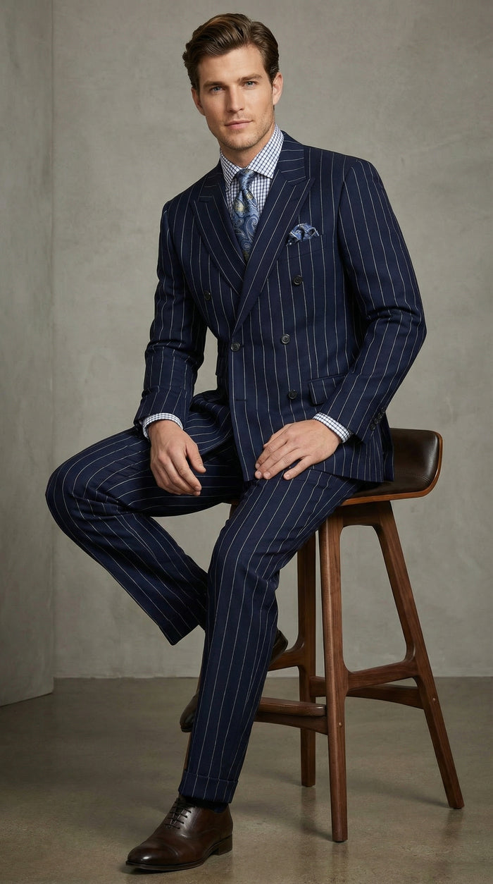 Men's Navy Blue Double Breasted Pinstripe Suit – Modern Fit By