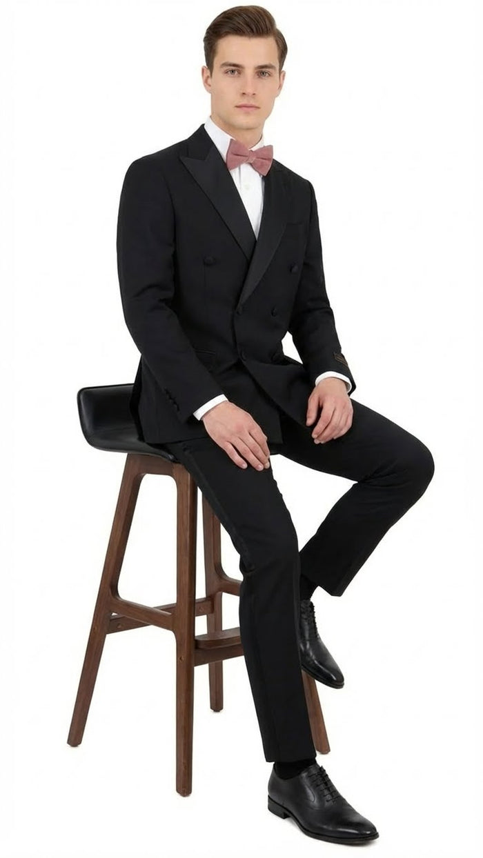 Tiglio Brand 100% Wool Super 150s Italian fabric Mens Classic Black Double-Breasted Tuxedo with Satin Peak Lapel  Formal Wedding & Gala Suit Set