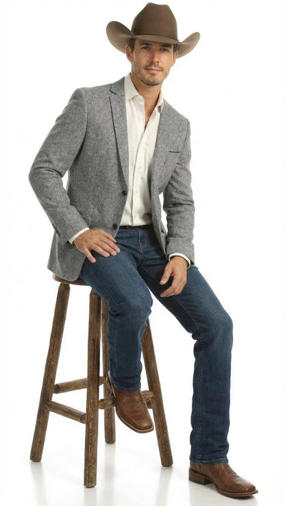 Men's Grey Tweed Herringbone Western Blazer Jacket  Style Look, Textured Formal Casual Sport Coat for Jeans