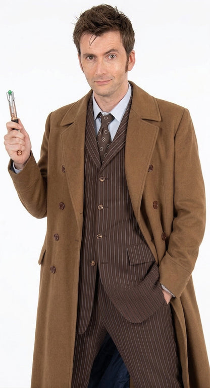 Men’s Brown Cotton Trench Coat Doctor Who 10th Doctor Inspired Long Coat – Classic Gabardina Style Overcoat, Vintage Winter Costume Jacket