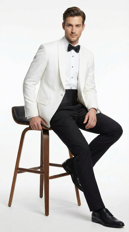 Men's White Dinner Jacket Tuxedo Blazer with Black Satin Shawl Lapel With Black Tuxedo Pants