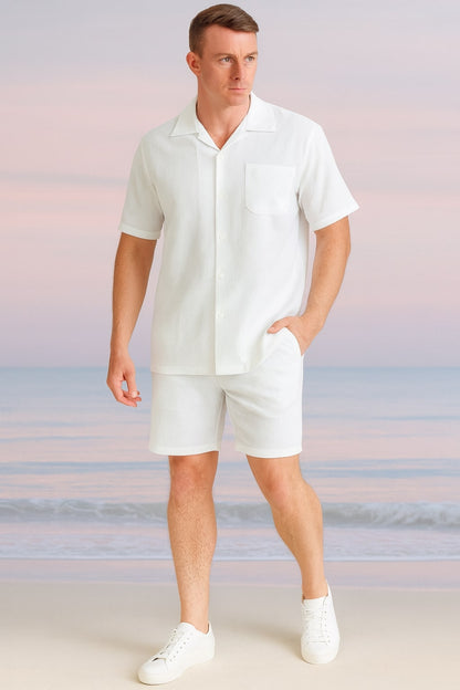 Mens White Seersucker Short Set  Lightweight Summer Outfit with Shirt and Shorts