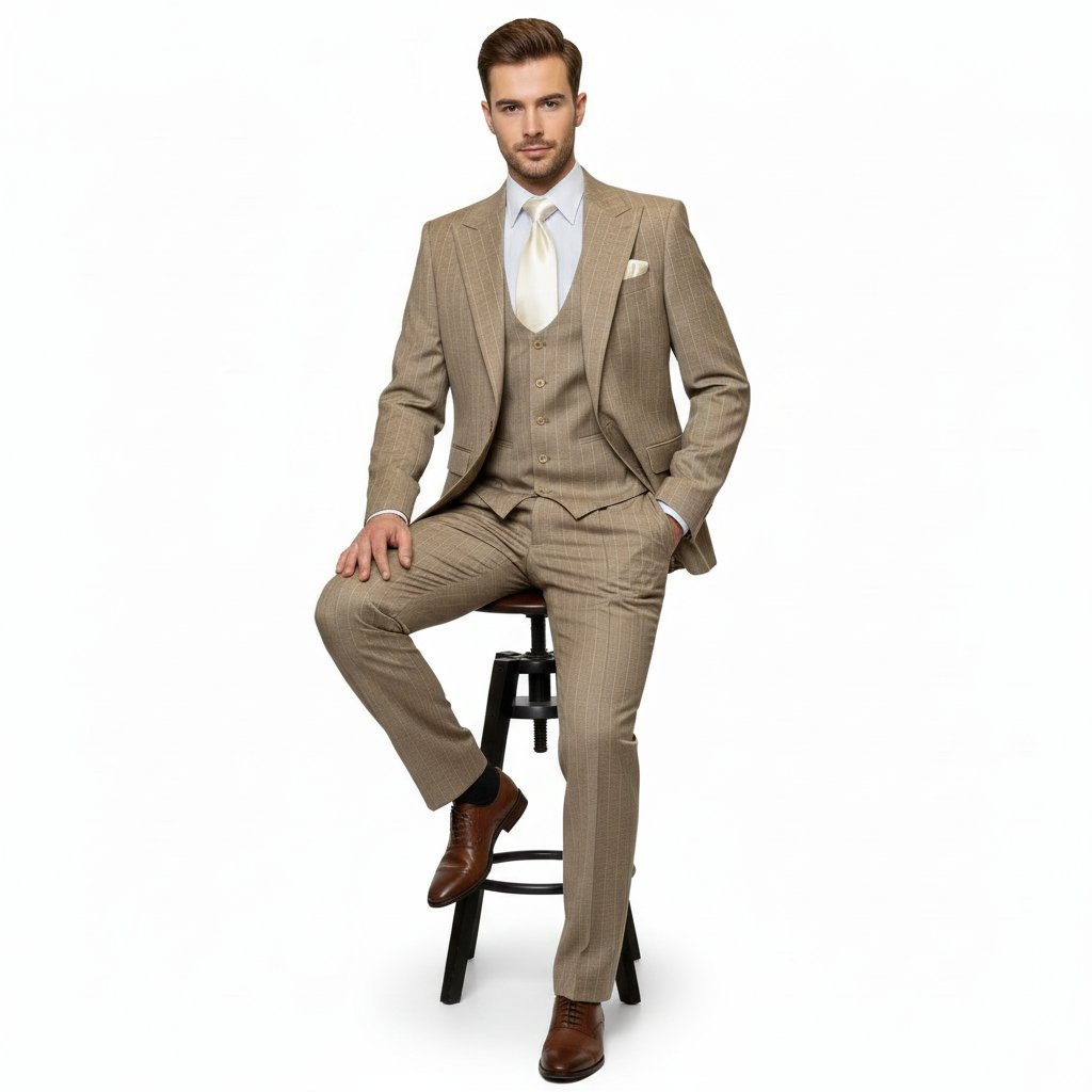 Mens Beige Pinstripe Three-Piece Suit  Classic Fit Formal Suit with Vest and Flat-Front Pants in Tan Stripe By Rossiman